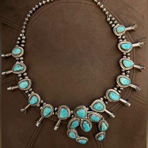 Vintage Genuine Turquoise Squash Blossom Necklace. Sterling Silver.